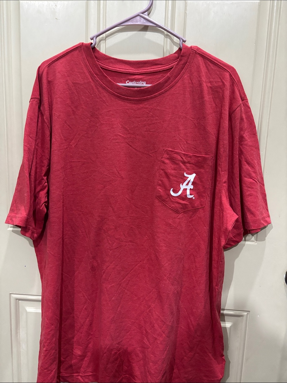 Men's Short Sleeve Pocket Tee with Script 'A' Logo - Crimson